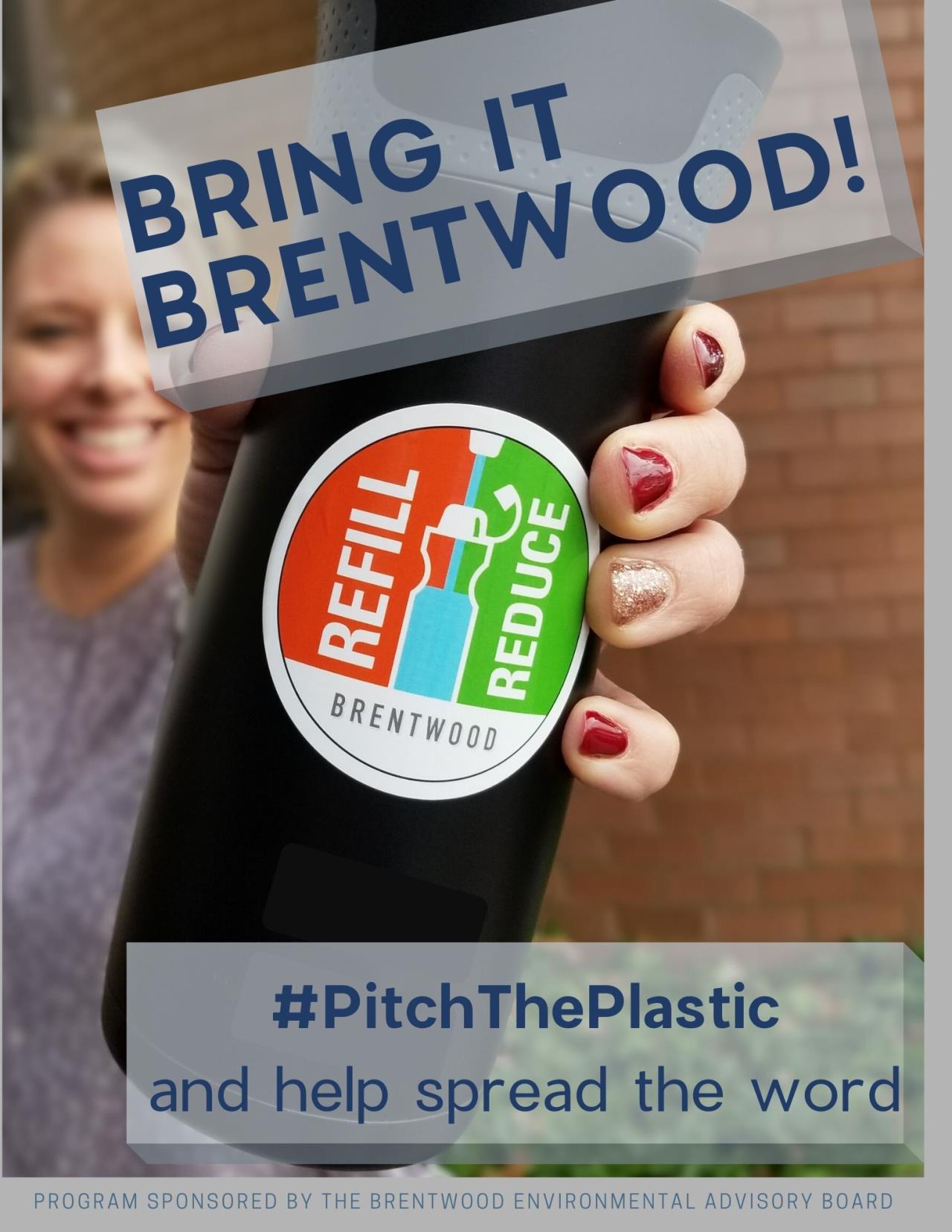 image of woman holding water bottle with Refill Reduce logo