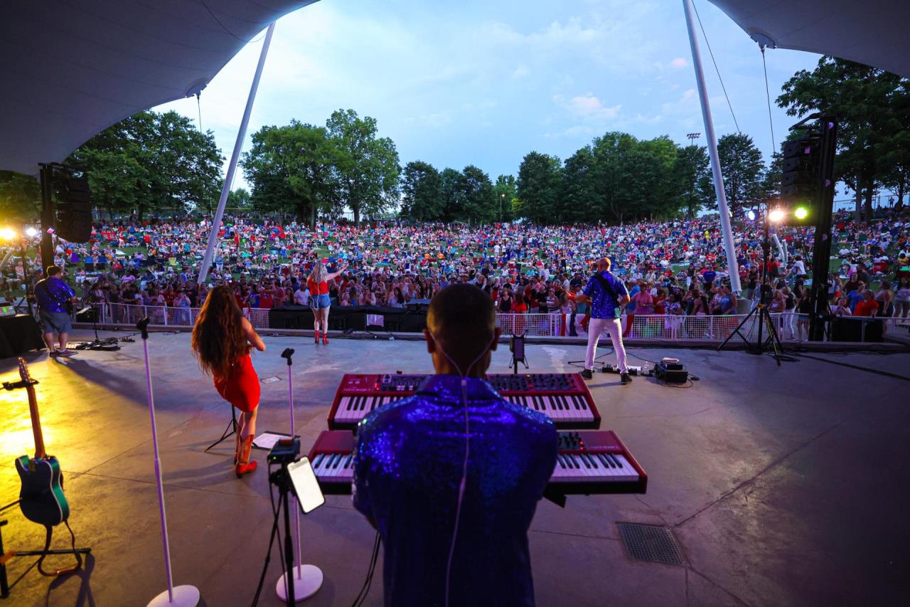 View from back of stage with a band playing, looking out at dancing crowd.