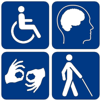 ADA Logo - wheelchair, brain, sign language, and person with guide icon